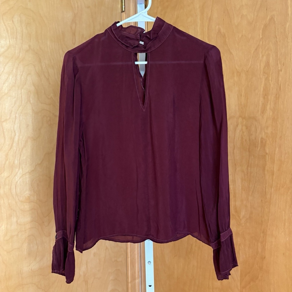 Maven West Maroon Blouse Cupro USA XS cut‎ out mock neck Long sleeve Boho
